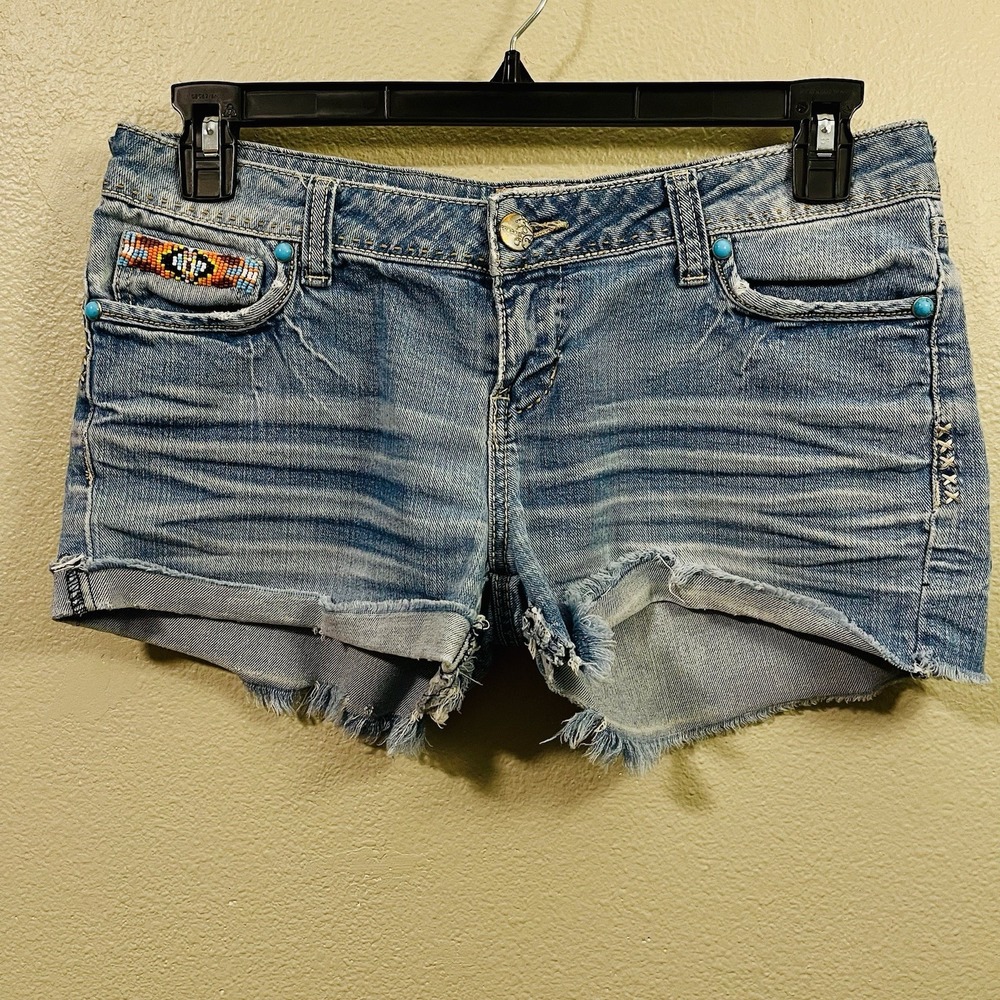 VTG Ardena Denim Bootie Shorts Beaded Turquoise Southwestern Distressed Size 8